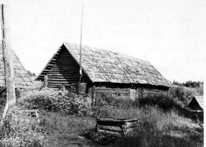 Laastukatusega palkhoone, kaevulaps ja palkkaev õuel